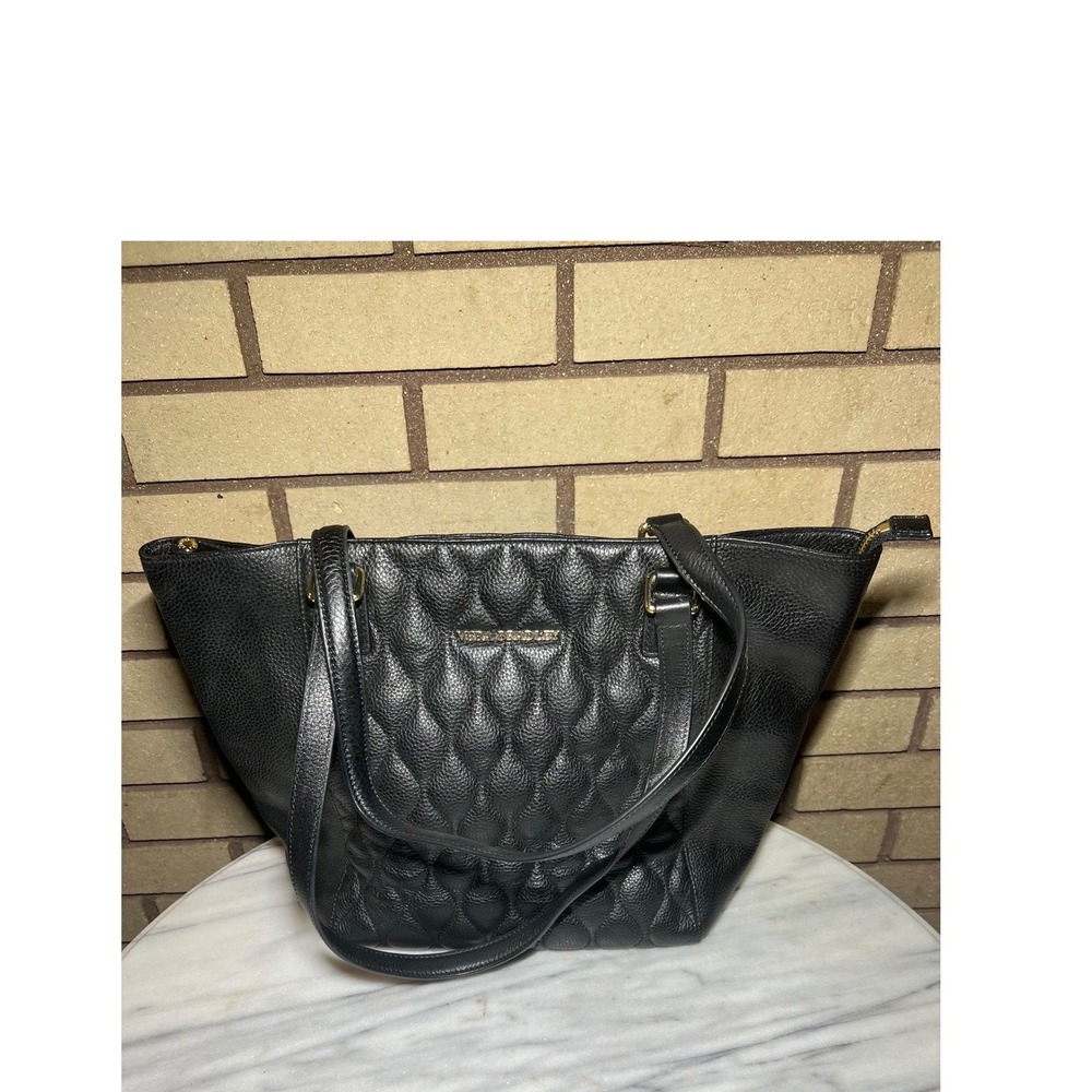 Vera Bradley Sycamore Quilted Leather Tote Bag Black Gold Hardware Floral Lining